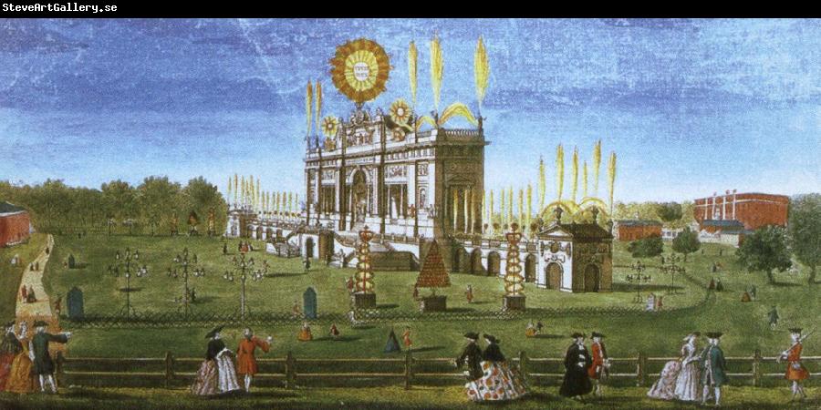 wolfgang amadeus mozart a contemporary artist s view of the structure erected in  green park for the 1749 firework display celebrating the peace of aix la chapelle.